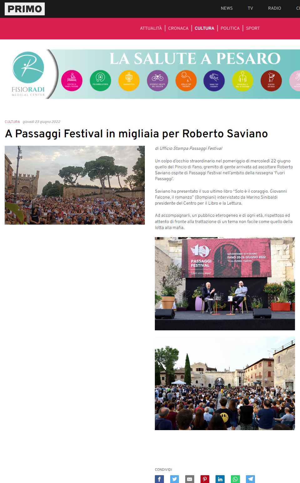 Primo Comunicazione – A Passaggi Festival in migliaia per Roberto Saviano