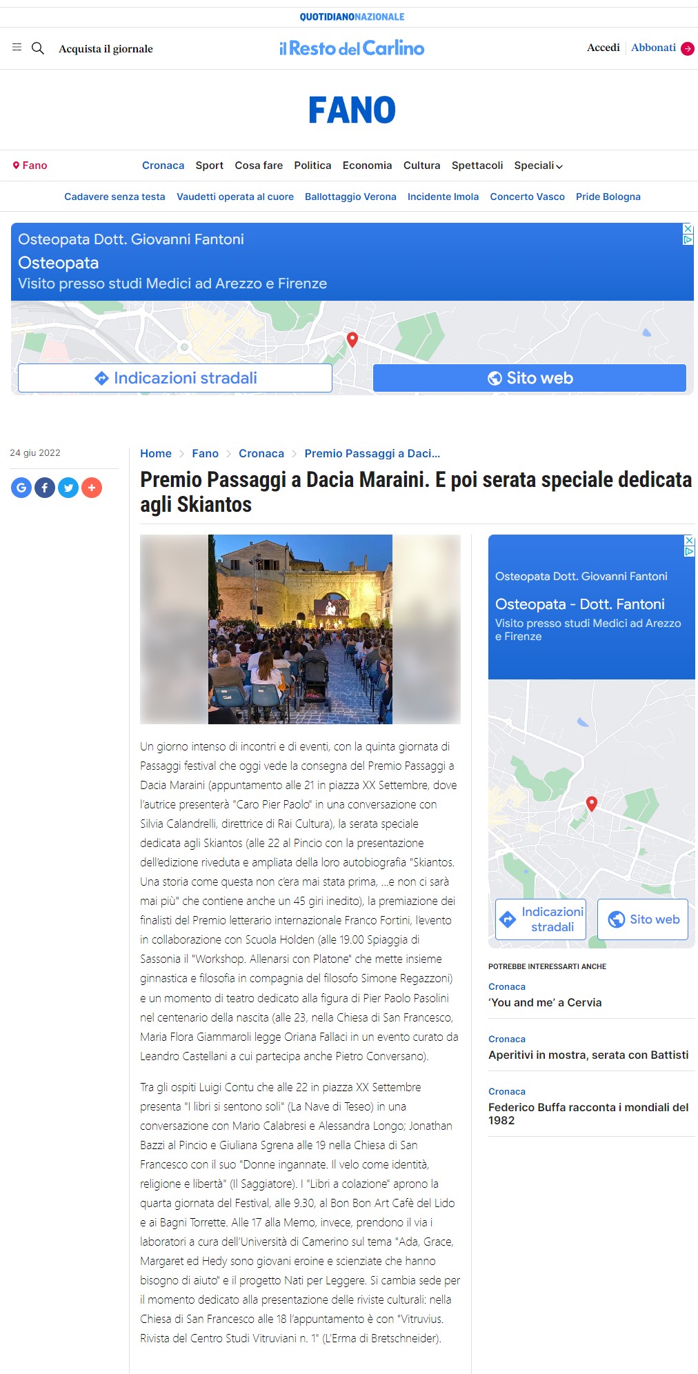 il Resto del Carlino – Premio Passaggi a Dacia Maraini. E poi serata speciale dedicata agli Skiantos