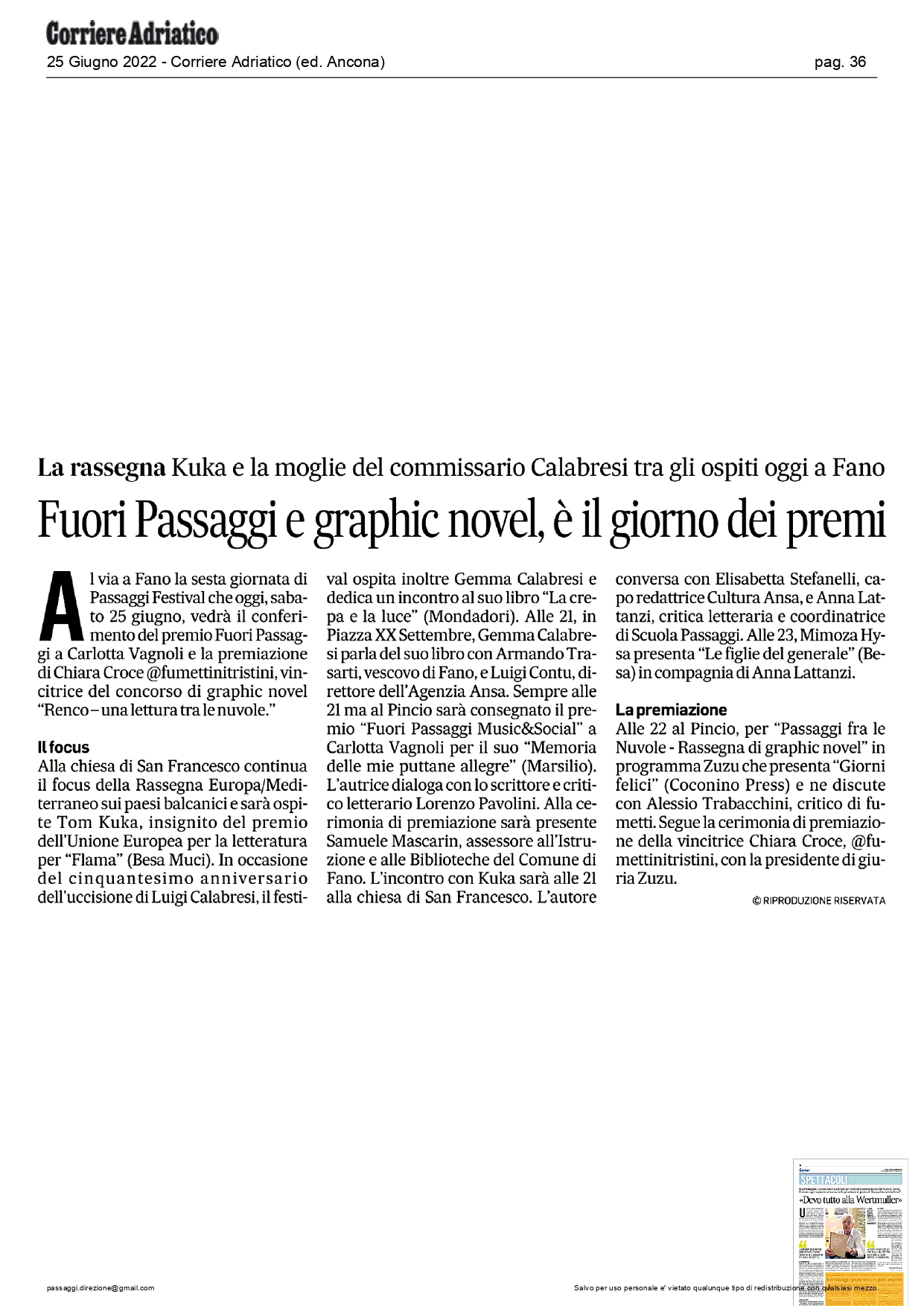 Corriere Adriatico – Fuori Passaggi e graphic novel, è il giorno dei premi