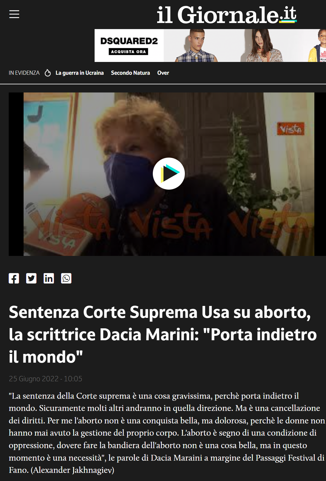 Il Giornale – Sentenza Corte suprema Usa su aborto, la scrittrice Dacia Maraini: “Porta indietro il mondo”