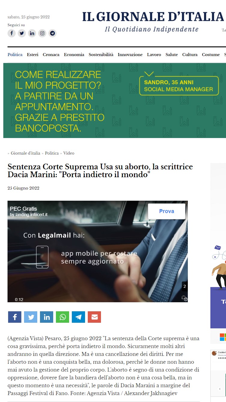 Il giornale d’Italia – Sentenza Corte Suprema Usa su aborto, la scrittrice Dacia Maraini: “porta indietro il mondo”