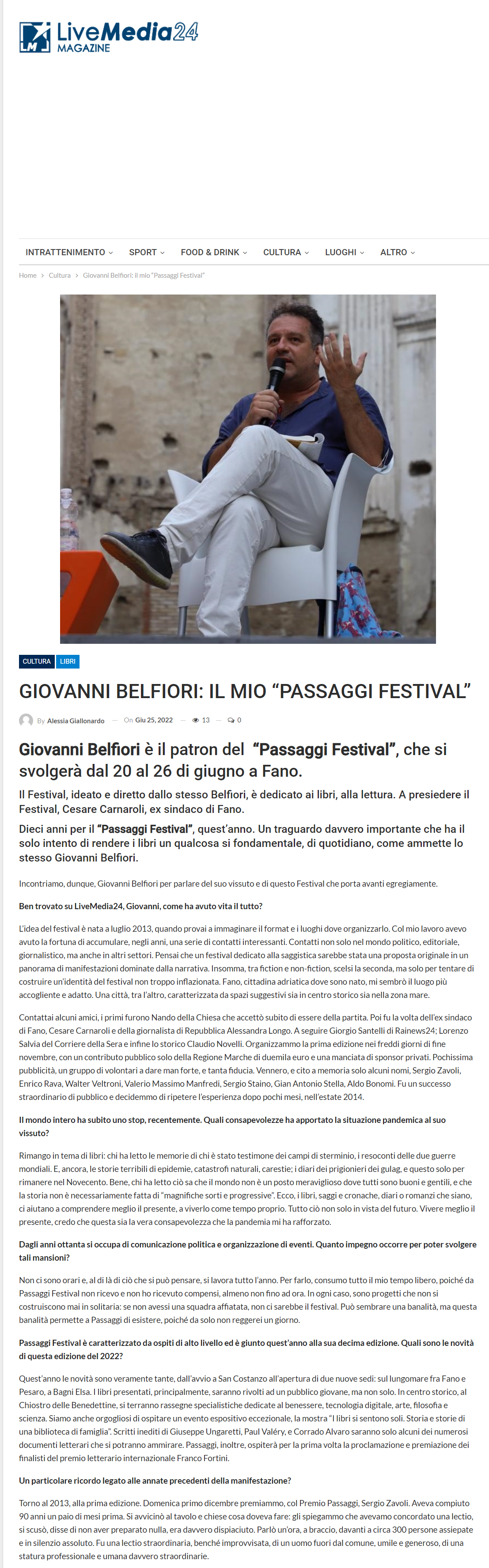 LiveMedia24 – GIOVANNI BELFIORI: IL MIO “PASSAGGI FESTIVAL”