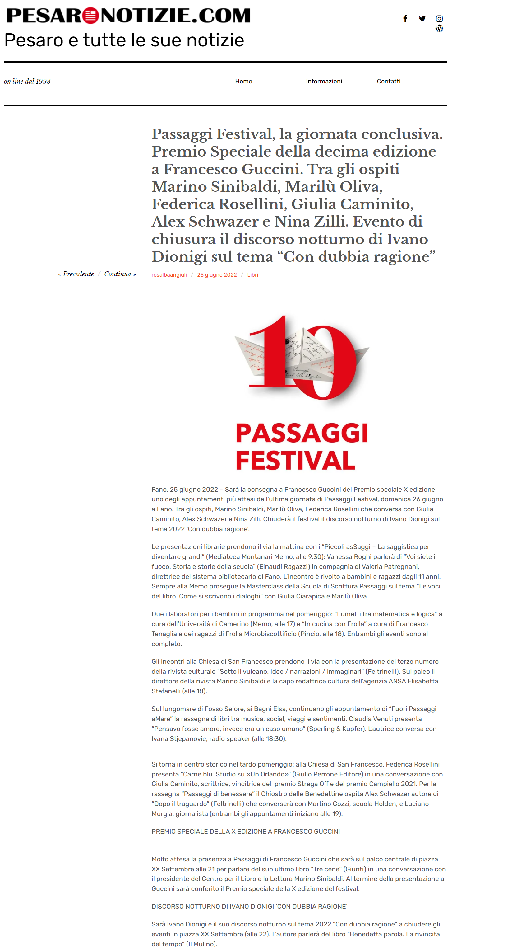 Pesaro Notizie – Passaggi Festival, la giornata conclusiva. Premio speciale della decima edizione a Francesco Guccini