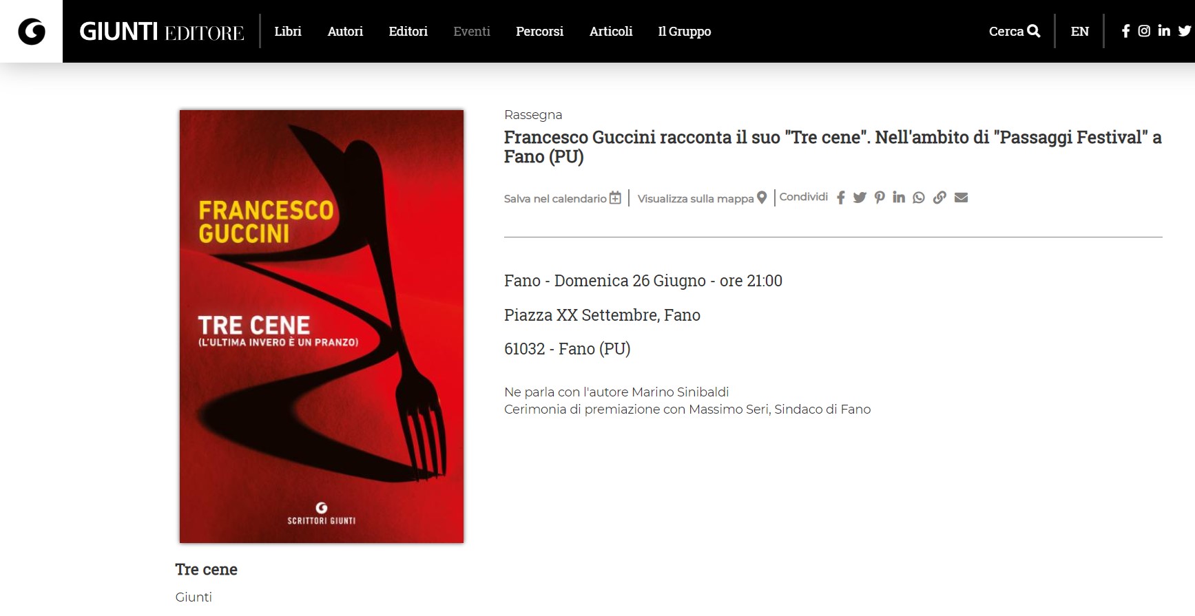 Giunti Editore – Francesco Guccini racconta il suo “Tre cene”. Nell’ambito di “Passaggi Festival” a Fano (PU)