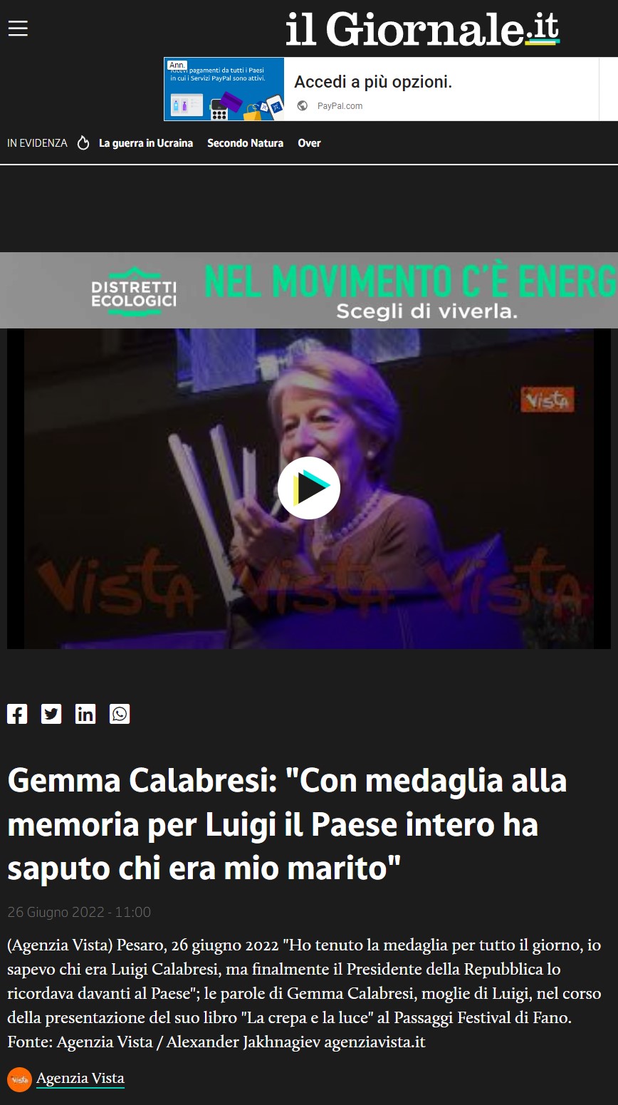 il Giornale – Gemma Calabresi: “Con medaglia alla memoria per Luigi il Paese intero ha saputo chi era mio marito”