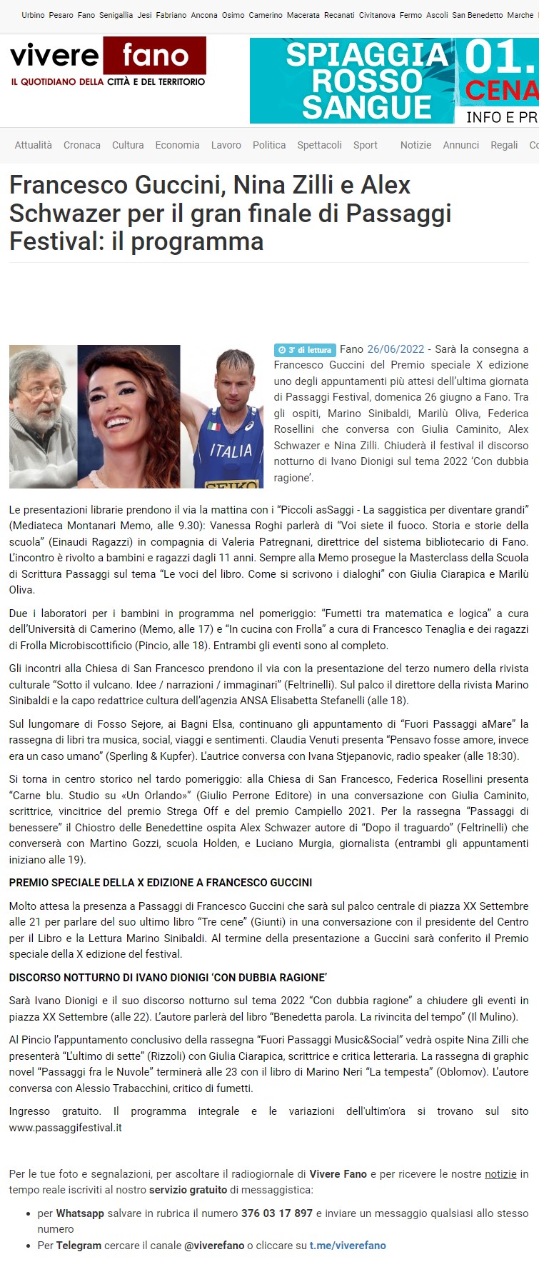 VivereFano – Francesco Guccini, Nina Zilli e Alex Schwazer per il gran finale di Passaggi Festival: il programma