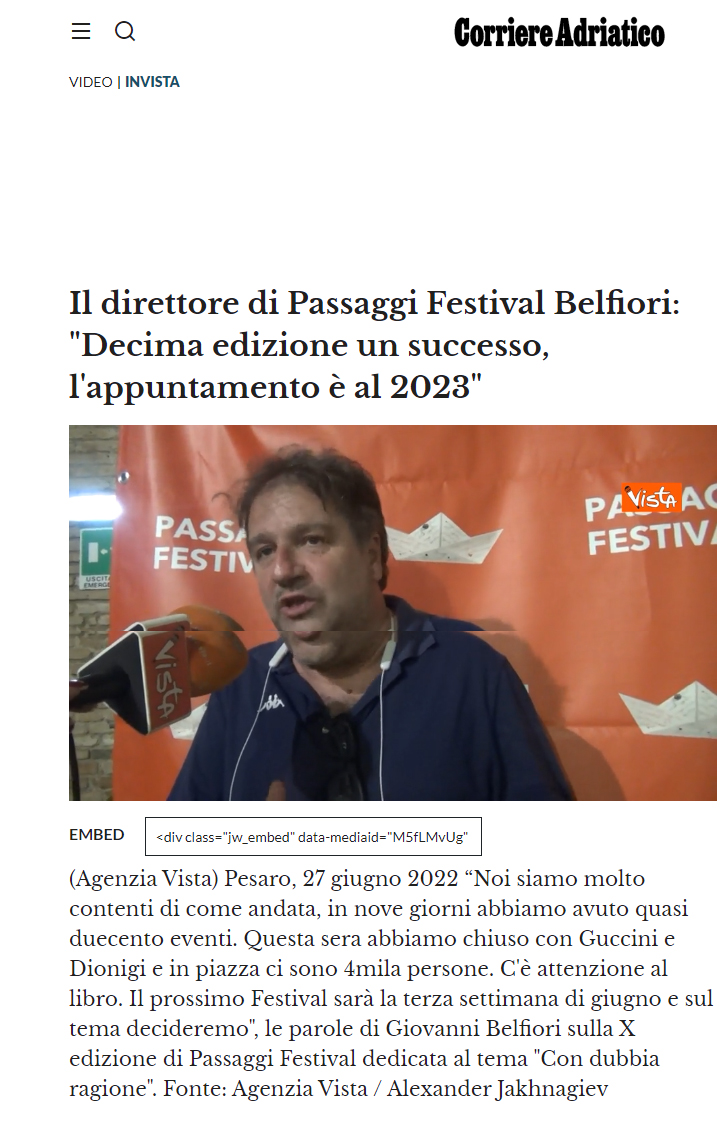 Corriere Adriatico – Il direttore di Passaggi Festival Belfiori: “Decima edizione un successo, l’appuntamento è al 2023”