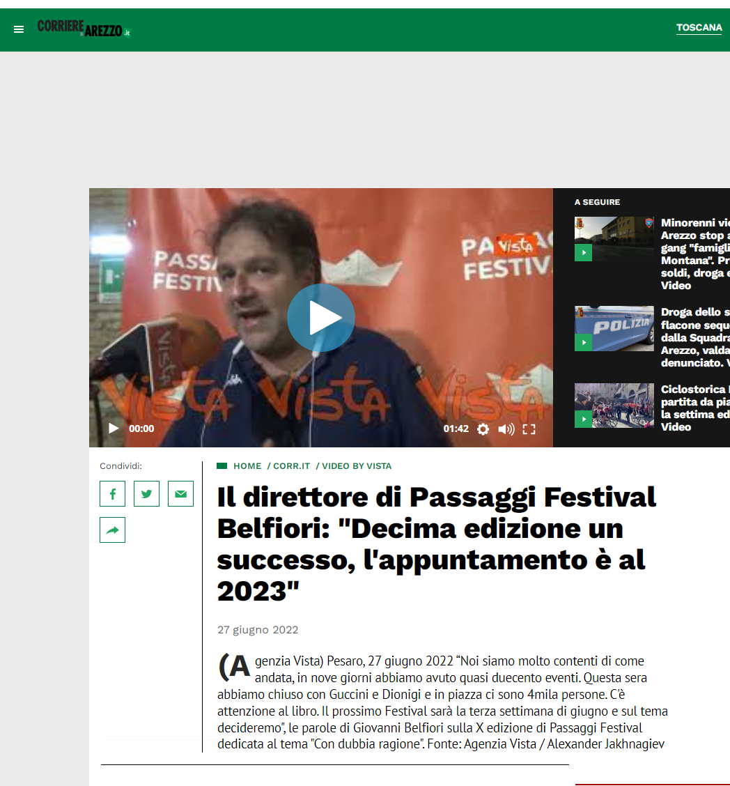 Corriere di Arezzo – Il direttore di Passaggi Festival Belfiori: “Decima edizione un successo, l’appuntamento  al 2023”