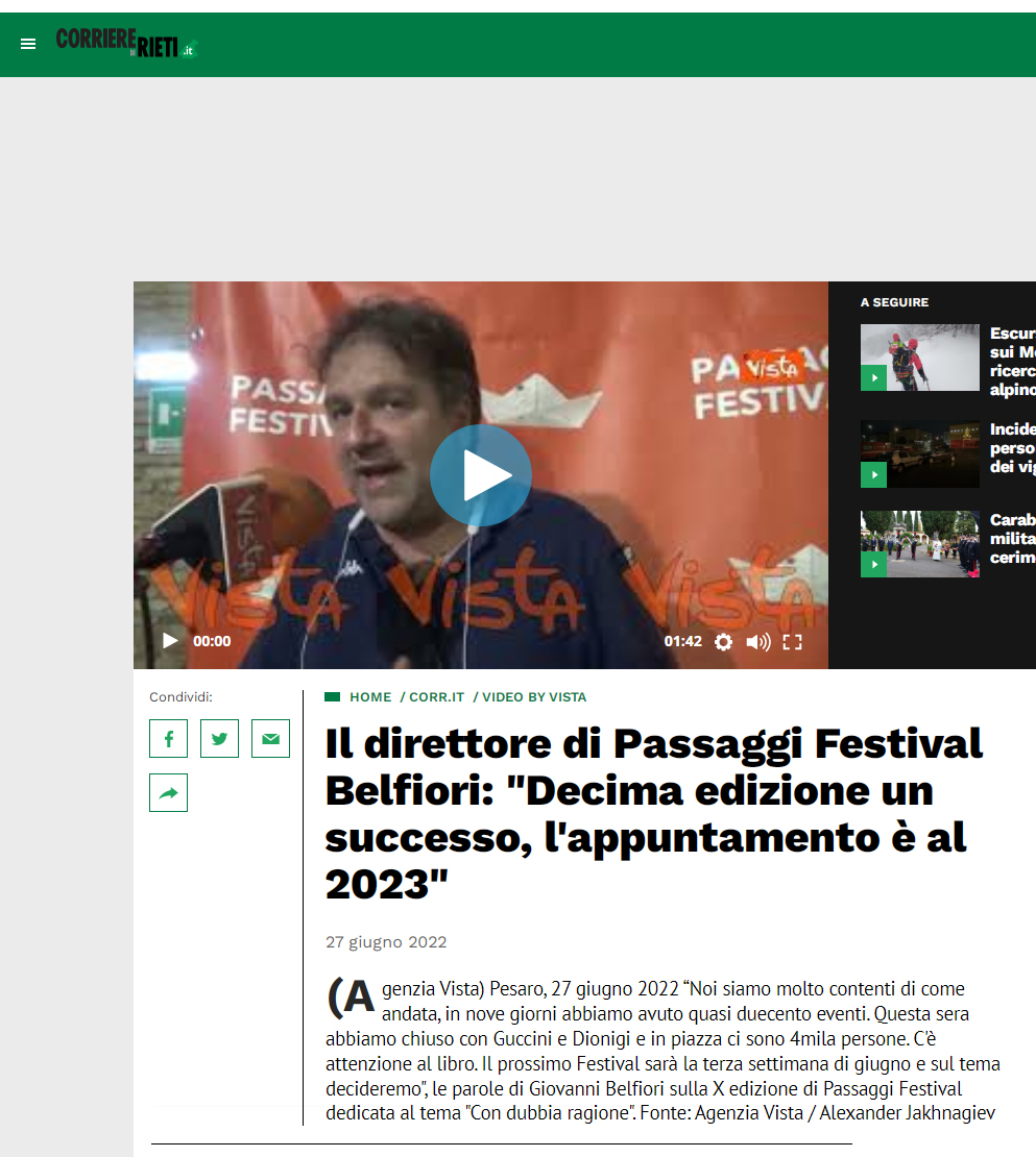 Corriere di Rieti – Il direttore di Passaggi Festival Belfiori: “Decima edizione un successo, l’appuntamento è al 2023”