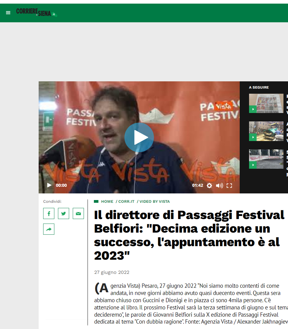 Corriere di Siena – Il direttore di Passaggi Festival Belfiori: “Decima edizione un successo, l’appuntamento è al 2023”