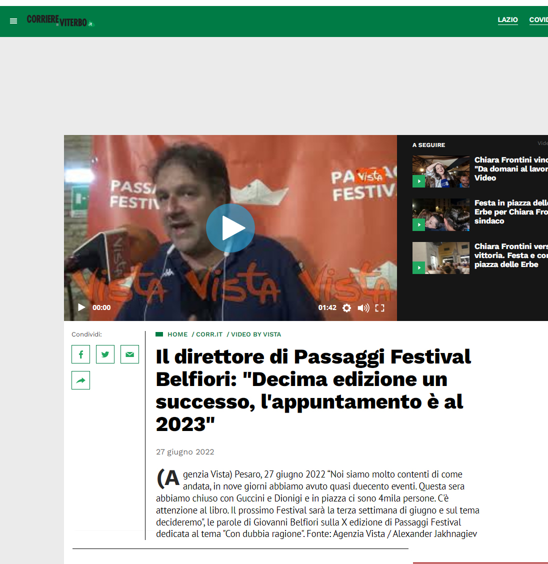 Corriere di Viterbo – Il direttore di Passaggi Festival Belfiori: “Decima edizione un successo, appuntamento al 2023”