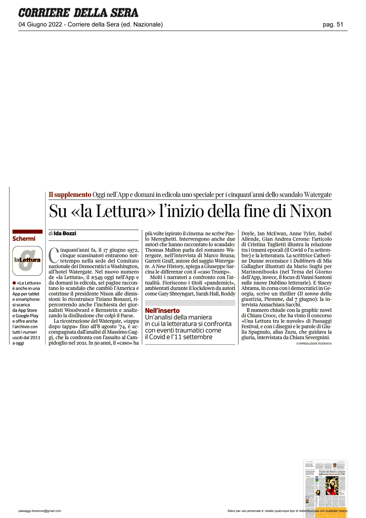 Corriere della Sera – Su “la Lettura” l’inizio della fine di Nixon