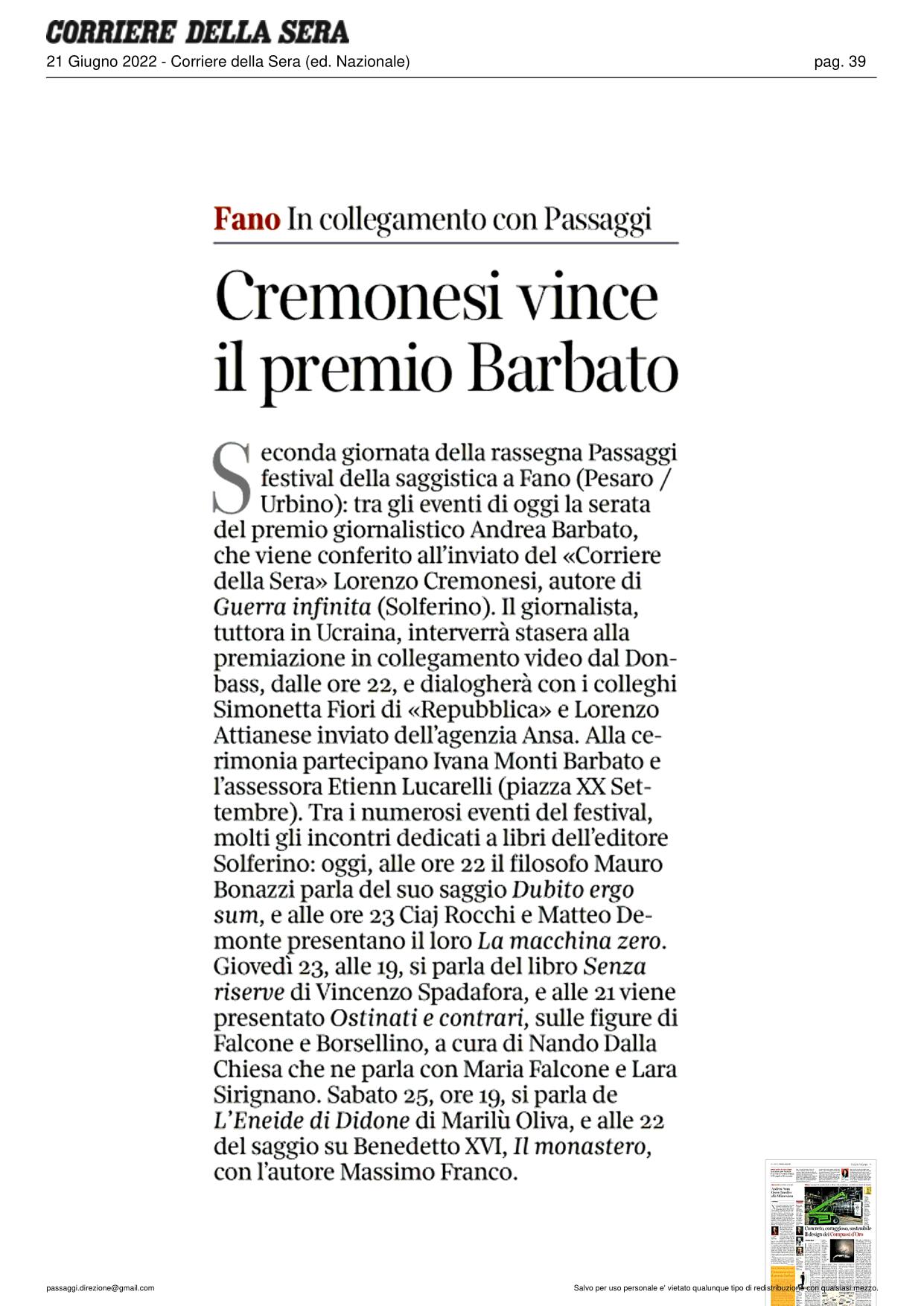 Corriere della Sera – Cremonesi vince il premio Barbato