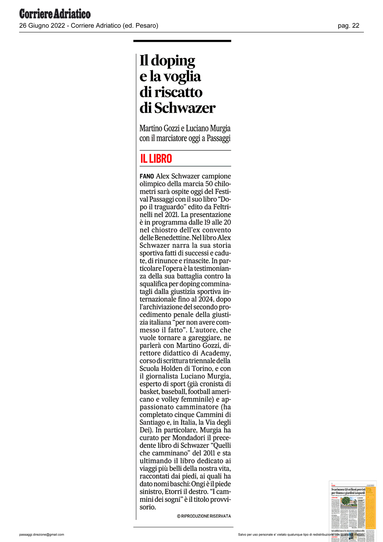 Corriere Adriatico – Il doping e la voglia di riscatto di Schwazer