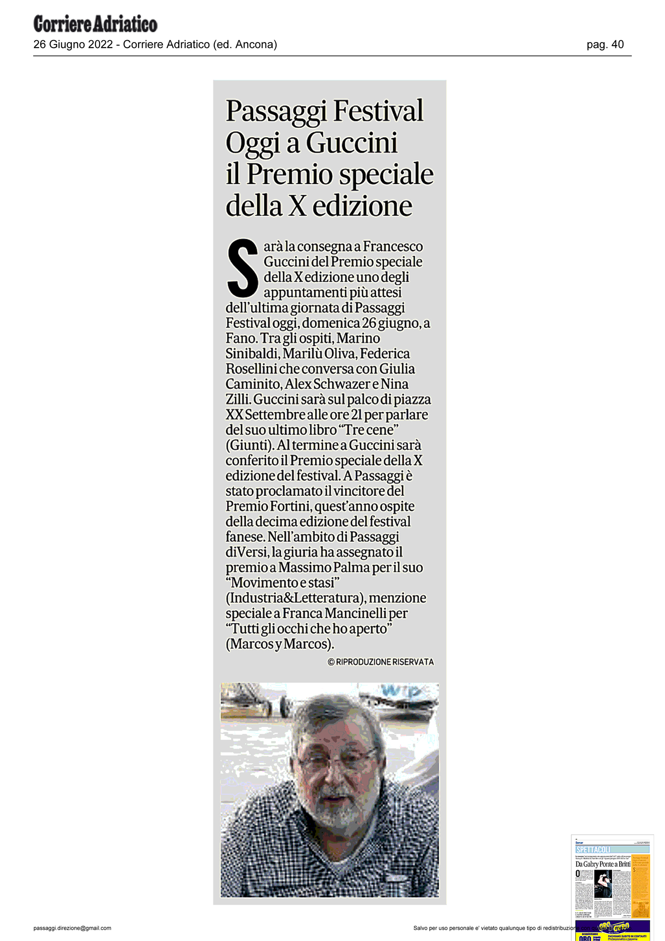 Corriere Adriatico – Oggi a Guccini il Premio speciale della X edizione