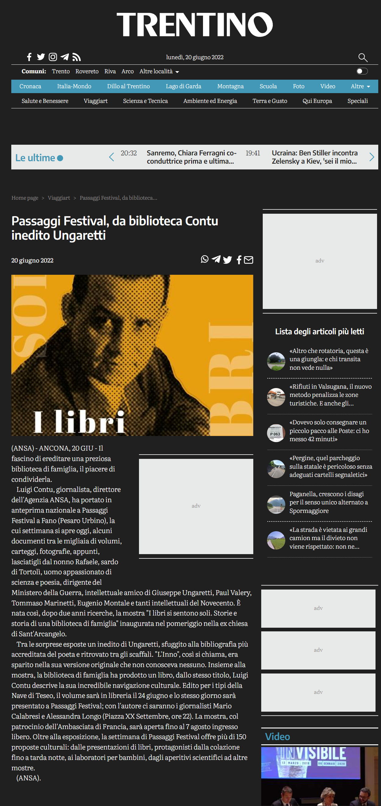 Giornale Trentino – Passaggi Festival, da biblioteca Contu inedito Ungaretti