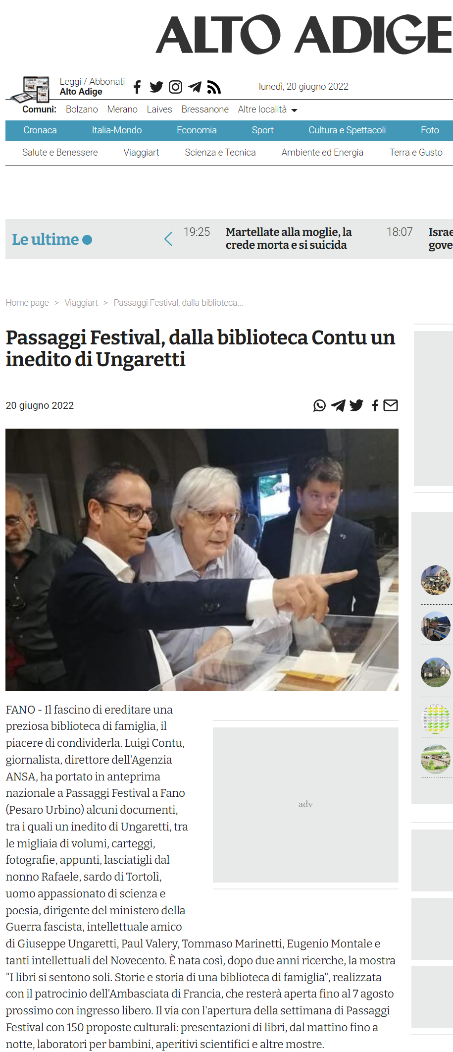 Alto Adige – Passaggi Festival, dalla biblioteca Contu un inedito di Ungaretti