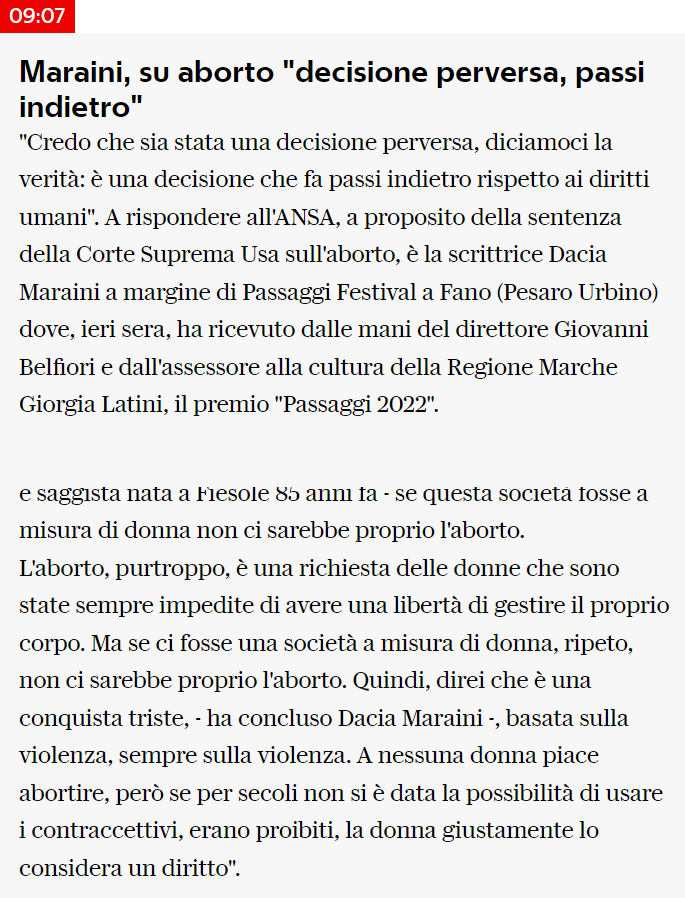 La Repubblica – Maraini, su aborto “decisione perversa, passi indietro”