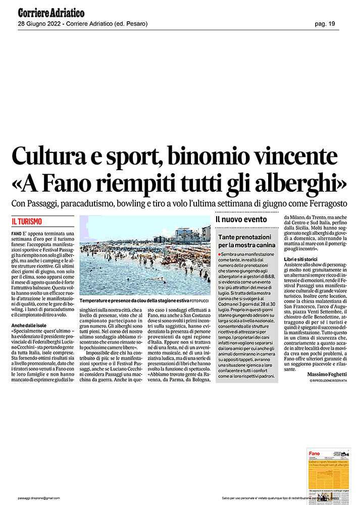 Corriere Adriatico – Cultura e sport, binomio vincente. “A Fano riempiti tutti gli alberghi”