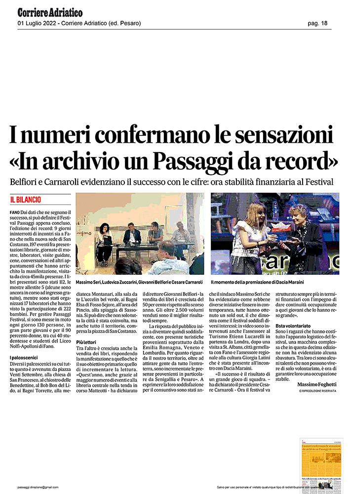 Corriere Adriatico – I numeri confermano le sensazioni. “In archivio un Passaggi da record”