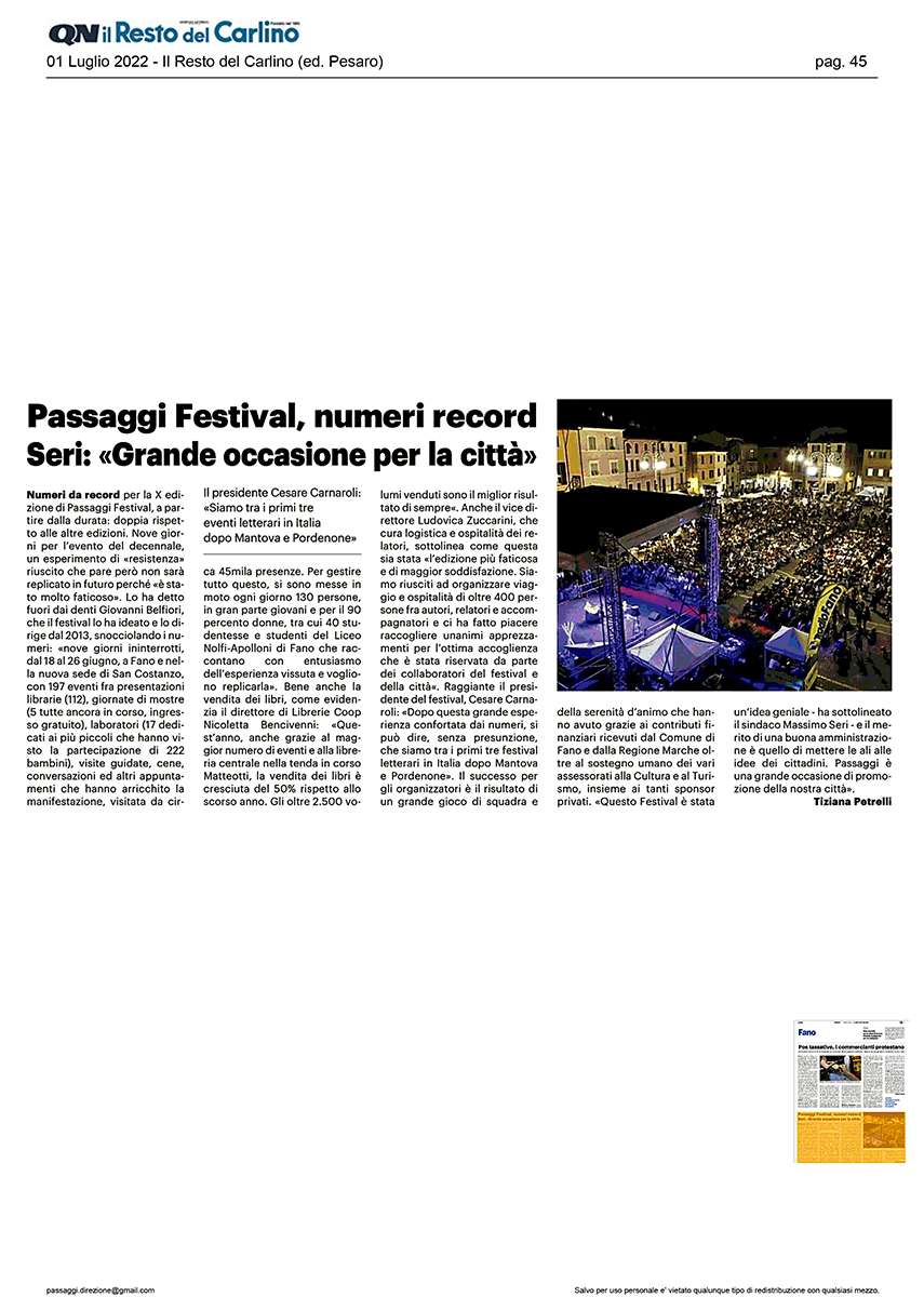 Il Resto del Carlino – Passaggi Festival, numeri record. Seri: “Grande occasione per la città”